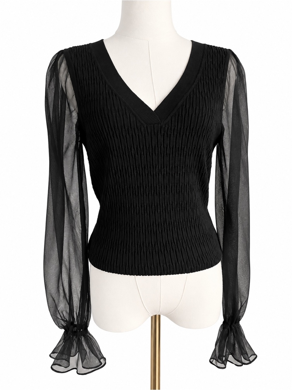 Maeve by Anthropologie Black Sheer Sleeve V-Neck Top – Size Large